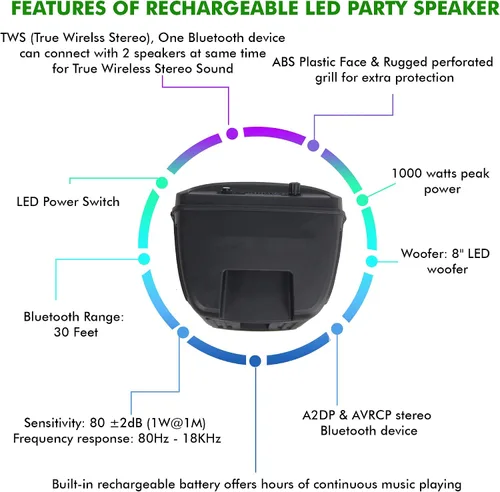 Miniatura 4 de Technical Pro 8 pulgadas portátil 800 vatios altavoz Bluetooth con woofer y tweeter, Festival PA LED altavoz con tarjeta Bluetooth/USB, estéreo