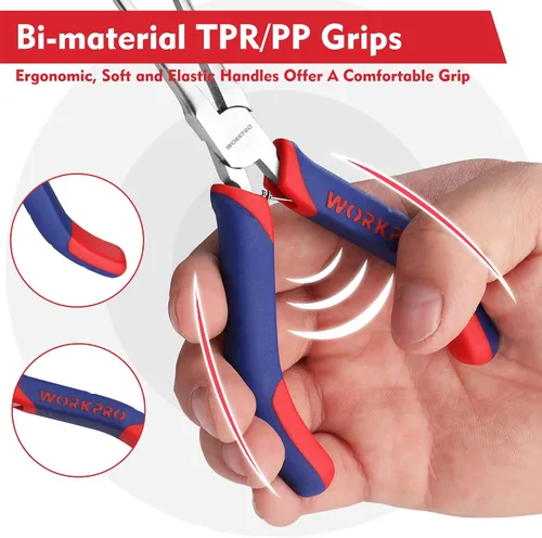 Miniatura 5 de WORKPRO Alicates de punta de aguja de 6 pulgadas (mandíbula suave), mini alicates de punta larga con asas de agarre cómodo, alicates de joyería