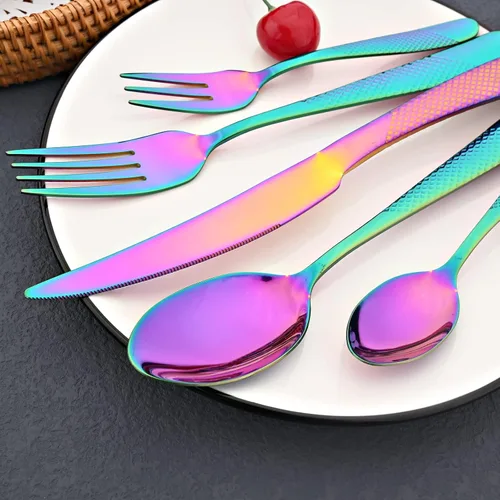 Miniatura 7 de JASHII Rainbow - Juego de cubiertos martillados, 20 piezas de utensilios de cocina de acero inoxidable de alta calidad, para 4, incluye tenedor
