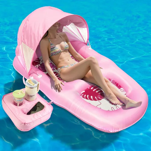 Miniatura 10 de Fabric Covered Inflatable Pool Lounger Float Adult, 70"x39" Extra Large Pool Float w/ UPF50+ Sunshade Canopy & Cupholder Caddy, Water Floaties Raft