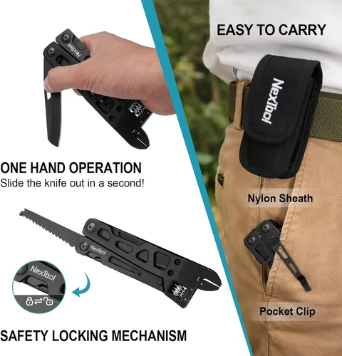 Miniatura 5 de NexTool Llave multiherramienta ajustable, multiherramienta 9 en 1 con alicates multiherramienta, llave ajustable, cuchillo de bolsillo