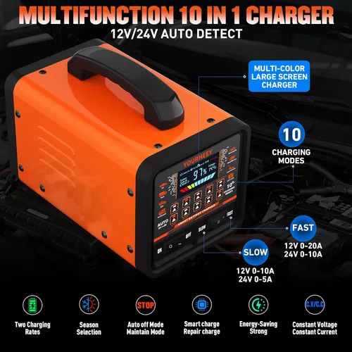 Miniatura 4 de 2026 Upgraded 0-20A Car Battery Charger, 12V/24V Heavy Duty Smart Fully Automatic Battery Maintainer with Color LCD Screen, 10-Mode Pulse Repair