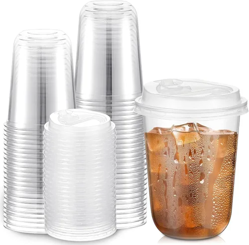 Miniatura 9 de Baderke 50 juegos de vasos de plástico transparente de 16 onzas con tapas, tazas de café helado resistentes con tapas, vasos de plástico desechables