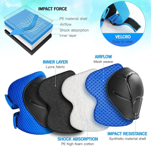 Miniatura 7 de Conjunto de casco de bicicleta para niños pequeños con rodilleras, casco de ciclismo ajustable para niño y niña, equipo de protección Azul