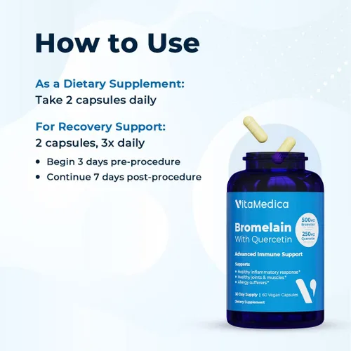 Miniatura 5 de VitaMedica Suplemento de bromelina y quercetina - 500 mg de bromelina 250 mg de quercetina - 2400 GDU para inmunidad, apoyo articular, inflamación