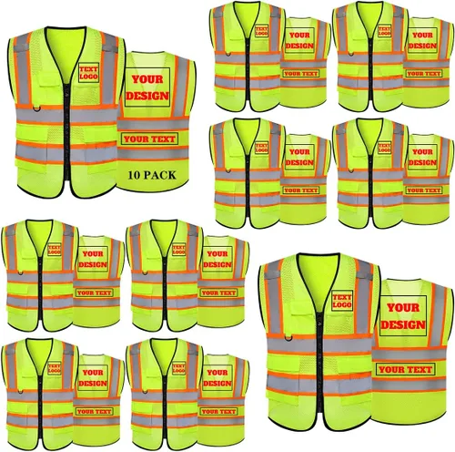 Miniatura 23 de Chaleco de seguridad reflectante de malla con logotipo personalizado Clase 2 con 5 bolsillos y cremallera Amarillo-5pack