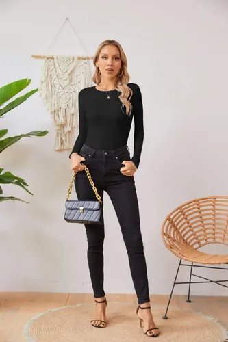 Miniatura 4 de VICHYIE Ropa de otoño para mujer, cuello redondo, acanalada, manga larga, ajustada, camiseta básica casual