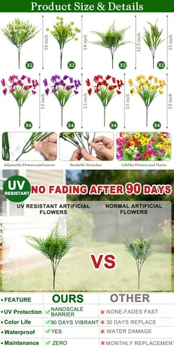 Miniatura 4 de 24 paquetes de 8 estilos de flores artificiales para exteriores, resistentes a los rayos UV, flores falsas de plástico sintético, coloridas