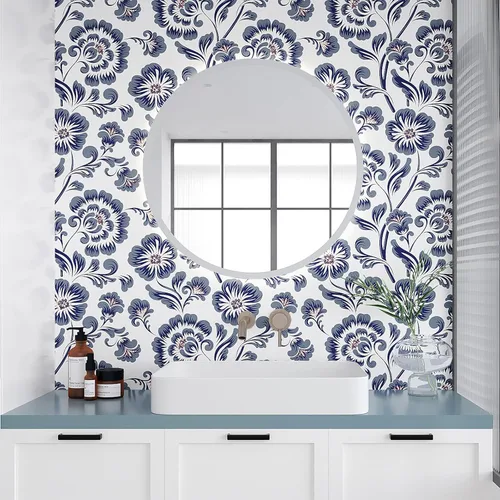 Miniatura 4 de VEELIKE Papel tapiz autoadhesivo con diseño floral vintage gris y azul de 17.7 x 354 pulgadas, papel de contacto autoadhesivo extraíble