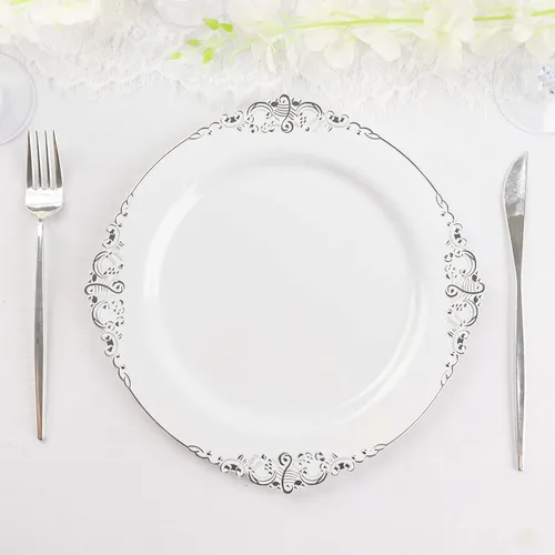 Miniatura 8 de Tableclothsfactory Paquete de 10 platos redondos de plástico barroco dorado de 8 pulgadas para ensalada de postre, vajilla desechable con borde