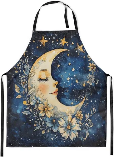 Miniatura 12 de Castle Fairy Mountain Moon Chef Apron,Starry Night Sky Apron 31"x26",Natural Landscape Painting Kitchen Aprons for Women Blue Beige Yellow