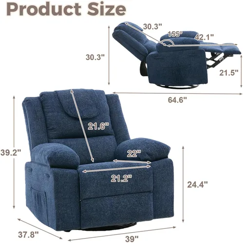 Miniatura 2 de Silla reclinable de masaje de gran tamaño para adultos, sillas reclinables giratorias de 360°, sofá individual con masaje por vibración