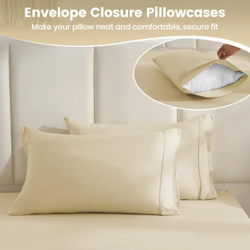 Miniatura 7 de CozySmile Juego de sábanas transpirables y refrescantes, sábanas de lujo de 4 piezas con bolsillo profundo para cama de tamaño matrimonial, se Beige