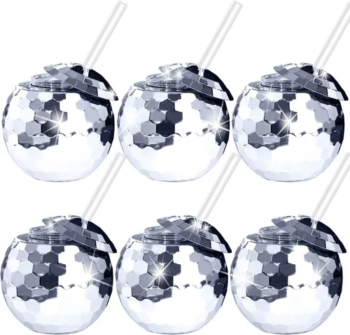 6 tazas de bola de discoteca esféricas plateadas, bola de disco flash, taza de cóctel, taza de cóctel con purpurina brillante con tapa y pajita,