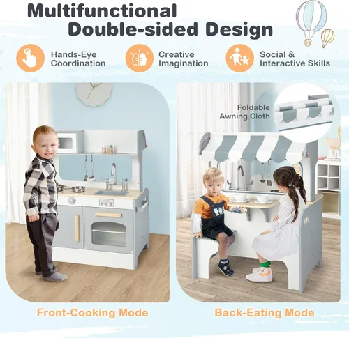 Miniatura 2 de HONEY JOY Juego de cocina para niños, cocina de doble cara para niños pequeños y restaurantes, utensilios de cocina, microondas, fregadero, gabinete