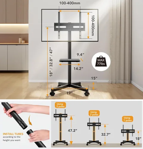 Miniatura 8 de Hemudu - Soporte de TV móvil para televisores de pantalla plana LCD LED de 23 a 60 pulgadas, carrito de TV con capacidad de hasta 77 libras, soporte