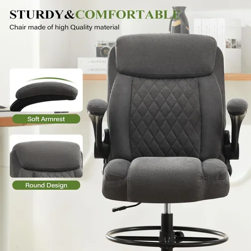 Miniatura 9 de Silla de dibujo alta para escritorio de pie, silla de escritorio alta ergonómica con anillo de pie ajustable, reposabrazos abatibles, soporte Gris