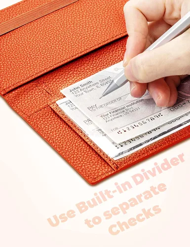Miniatura 33 de Yarnic Funda para chequera personal, soporte para chequera con soporte para bolígrafo y divisor de plástico transparente integrado para cheques Rosa