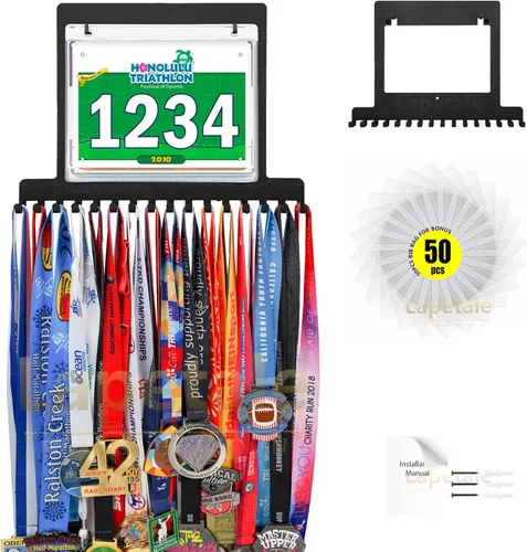 Miniatura 13 de Colgador de medallas para carreras, exhibición de medallas de maratón y colgador de medallas para corredores, exhibición de medallas con dorsal