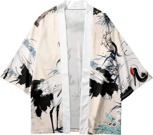Miniatura 5 de DOSLAVIDA Conjunto de chaqueta kimono japonesa para hombre, elegante abrigo frontal abierto con pantalones cortos, estilo chino, cárdigan impreso