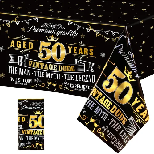Manteles de plástico vintage 50 – Mantel vintage de fiesta de cumpleaños 50 color negro dorado – Decoración de fiesta de felicitación a 50 años para