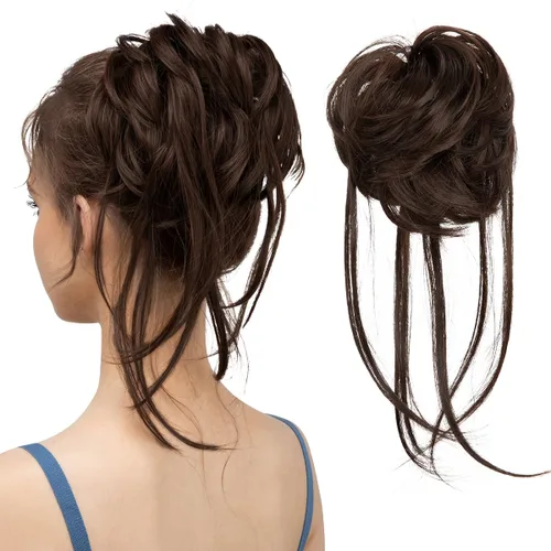 Miniatura 13 de CJL HAIR - Extensión de cabello tipo coletero de chongo desordenado, rizado, sintético, con colas rectas, scrunchies para peinados de moño