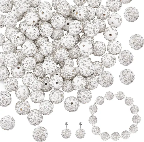 Miniatura 10 de PH PandaHall 100 cuentas de diamantes de imitación blancos de 0.394 pulgadas (0.394 in) cuentas de arcilla blanca de polímero de cristal de arcilla