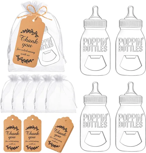Miniatura 12 de 50 piezas de abrebotellas de huellas, recuerdos de baby shower para bebé invitado con llavero y bolsas de organza (dorado)
