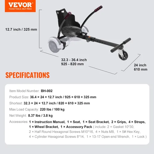 Miniatura 7 de VEVOR Hoverboard Seat Attachment, Adjustable Frame, 220 LBS Capacity, Fits 6.5" 8" 8.5" 10" Hoverboards, Go Kart Accessory for Kids & Adults