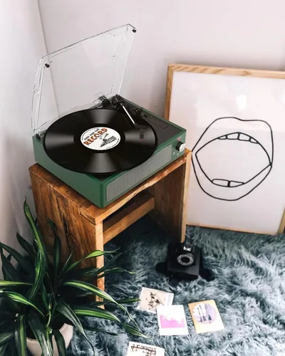 Miniatura 7 de Tocadiscos de vinilo con altavoces, receptor inalámbrico de 3 velocidades, fonógrafo LP de transmisión por correa, auriculares AUX RCA, parada Verde