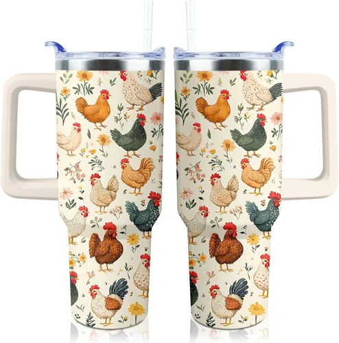 Miniatura 13 de Vaso de 40 onzas con asa y tapa con popote a prueba de fugas, diseño de pollo y gallo, taza de viaje de café con asa aislada para bebidas frías