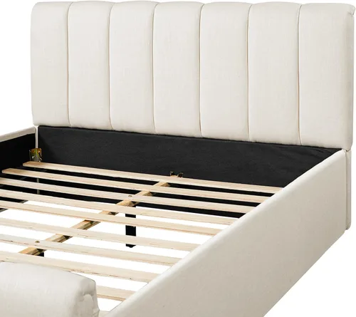 Miniatura 4 de Merax Cama de plataforma tapizada tamaño Queen con cabecero y estribo gruesos, marco de cama de tela de lino estilo bloque con patas de madera