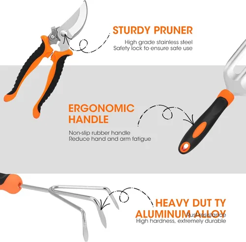 Miniatura 5 de Gartden Tools, 10 herramientas de jardín de acero inoxidable para jardinería con mango ergonómico antideslizante, herramientas de mano de jardín