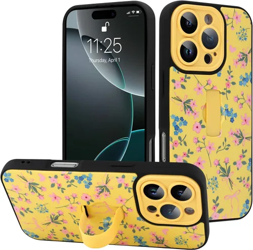 Miniatura 84 de Funda diseñada para iPhone 17 Pro Max con soporte plegable y correa para dedos, bonito patrón de lazo de corazón de flor rosa para mujeres y niñas