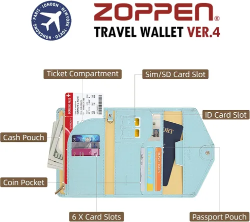Miniatura 57 de Zoppen - Billetera de viaje con bloqueo RFID multiusos (Ver.4) Portatarjetas de pasaporte y vacunas, organizador de documentos de tres pliegues