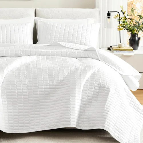 Miniatura 20 de Comfort Spaces Juego de edredón de tamaño King extragrande de color blanco de 120 x 118 pulgadas, colcha acolchada de microfibra ligera de verano