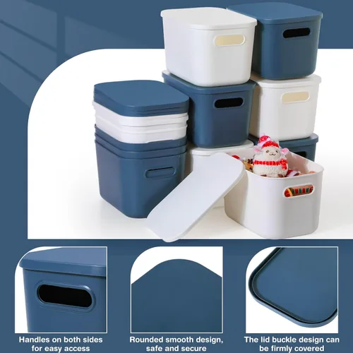 Miniatura 3 de Thyle Paquete de 12 contenedores de almacenamiento de plástico azul y blanco con tapas, contenedor de almacenamiento apilable de 7 cuartos de galón
