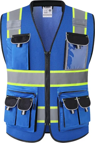 Miniatura 12 de JKSafety Chaleco de seguridad frontal con 10 bolsillos clase 2 de alta visibilidad con tiras reflectantes, cumple con los estándares ANSI/ISEA