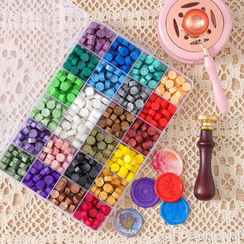 Miniatura 4 de Kit de sellos de cera – 630 cuentas de cera, caja de regalo, calentador, bolígrafos metálicos, sobres, juego de sellos para regalos y decoración