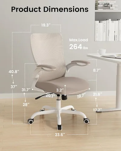 Miniatura 2 de MUXX.STIL Silla de oficina, silla de escritorio ergonómica con soporte lumbar ajustable y reposabrazos abatibles, silla de computadora de malla Caqui