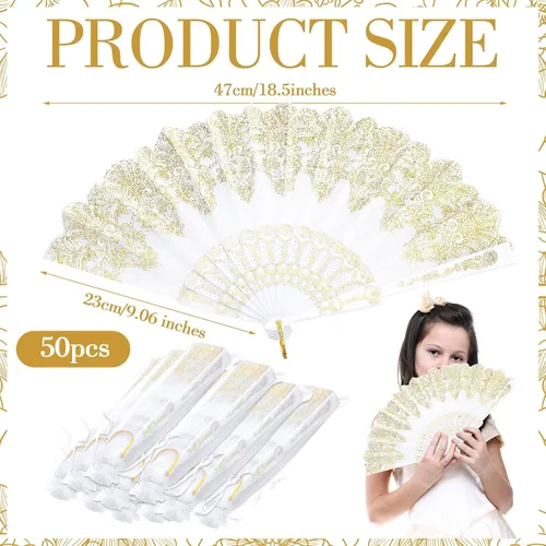Miniatura 2 de Geelin - 50 piezas de abanicos de encaje plegables de mano para mujeres con bolsa de organza, abanicos europeos retro de encaje plegados para novia