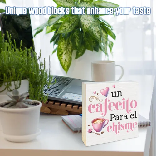 Miniatura 4 de Un Cafecito Para el Chisme – Cartel de madera de barra de café de 5 pulgadas – Cartel de madera rústica rosa – Decoración de mesa de granja