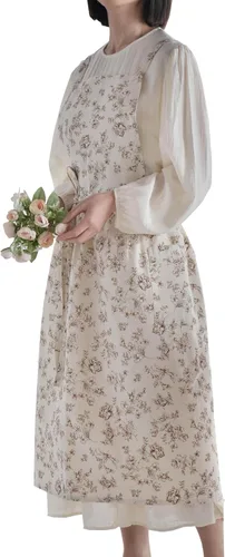 Miniatura 16 de Delantal japonés de algodón con espalda cruzada para mujer con bolsillos A1-café Floral