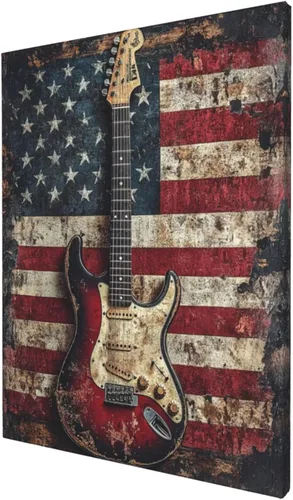 Arte de lienzo de guitarra para pared, pintura de bandera americana antigua vintage con guitarra, cuadros rústicos enmarcados para cocina, baño,