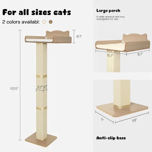Miniatura 7 de Percha para ventana de gato con poste rascador de sisal grueso, hamaca para gatos para ventana, poste rascador alto ajustable de 53.5" para gatos