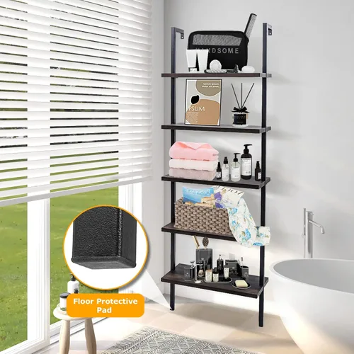 Miniatura 6 de Estantería de escalera de 5 niveles para montar en la pared, estantería de escalera con marco de metal y estante de madera, estantería de Roble