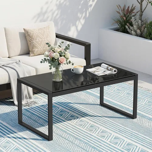 Miniatura 8 de ONBRILL Mesa de café rectangular con escritorio de vidrio templado, mesa de café para exteriores con marco galvanizado y pies ajustables para patio
