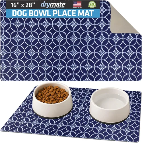 Drymate Mantel individual con tazón para mascotas, tapete de alimentación de alimentos para perros y gatos, tela absorbente, parte trasera Índigo