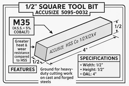 Miniatura 2 de Accusize Industrial Tools 1/2 x 1/2 x 4 pulg. (Ancho por Altura por TOL) Broca de herramienta HSS+5% M35 Cobalto para torno, 5095-0032