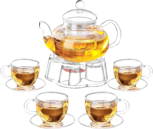 Miniatura 4 de Jusalpha Tetera de vidrio con un conjunto calentador y 6 tazas de té, Transparente